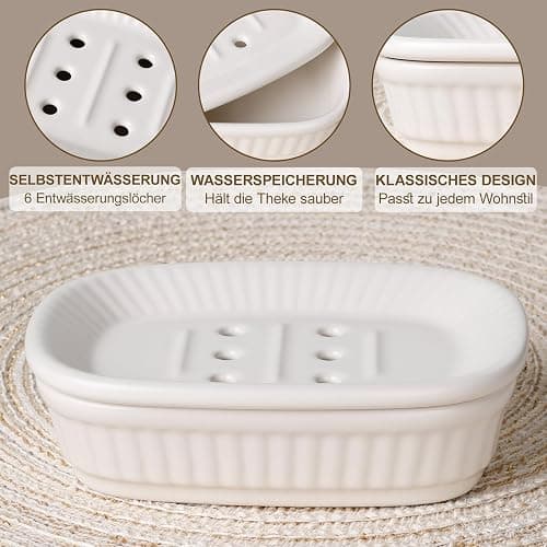 NOVAJOY Badezimmer Set Keramik – 5 Teile, Badezimmer Organizer mit Seifenspender, Seifenschale, Zahnbürstenhalter, Wattestäbchen Kanister, Hochwertiges Badezimmer Deko Set (Beige Weiß) thumbnail 5