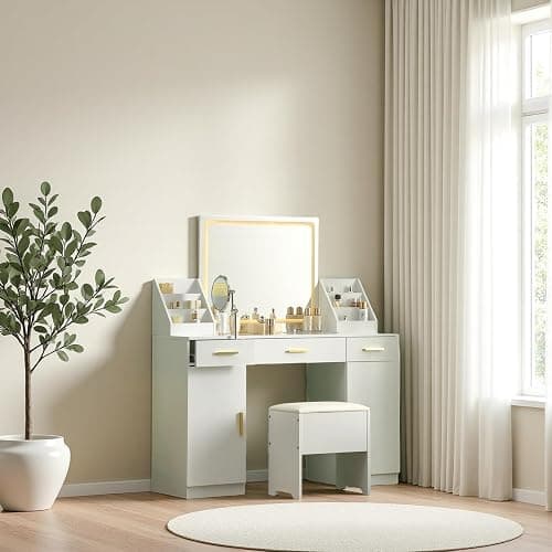 Sylvan Gravity Large Vanity Desk with Mirror and Lights,Makeup Vanity Desk with Folding up Mirror,2 Makeup Organizers and Outlet,for Bedroom,White thumbnail 4