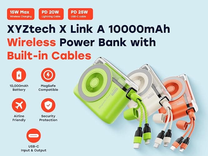 XYZtech X Link A Wireless Power Bank - 10000 mAh - Built-in Dual USB-C and iPh Cables, Compatible with iPhone and Samsung, Orange thumbnail 5