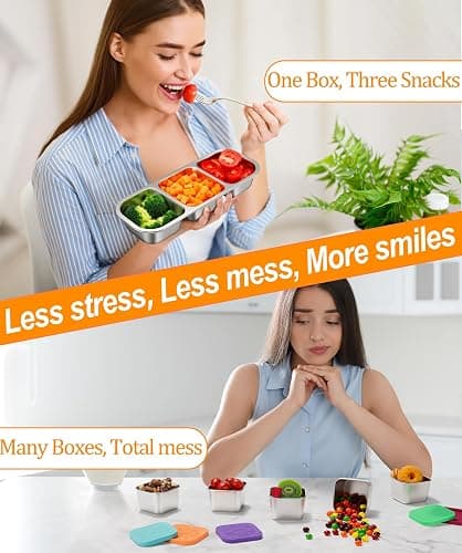 3-Pack Stainless Steel Snack & Lunch Containers for Kids & Adults, 20 oz | 3 Sealed Compartments, Dishwasher-safe, Leak-proof, Stackable, Clear lid, 10.7 in long, For daycare, school, work & travel thumbnail 3