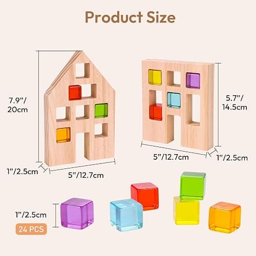 Woodtoe 24 PCS Rainbow Blocks Set, Wooden Building Blocks for Kids Ages 3-6 | Montessori Stacking Toy, Educational STEM Sensory Activity, Creative Building Game, 2 Wood House, Birthday Toy for Boys Girls thumbnail 3