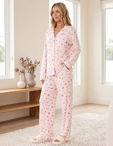 Womens 2 Piece Fruit Pajamas Set Cute Pjs Y2K Coquette Fall Sleepwear | Wide Leg Long Sleeve Pocket Button Down Lounge Set thumbnail 3