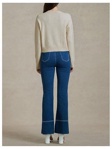 SOLY HUX Women's Button Down Long Sleeve Crewneck Crop Cardigan Sweater Cute Knitwear Clothes - Small - Solid Apricot thumbnail 3