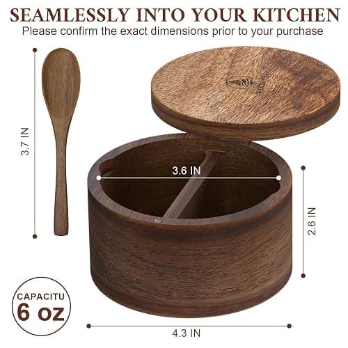 Vorisebo Acacia Wood Salt Container with Built-in Spoon, Elegant Salt Holder with Magnetic Swivel Lid, Salt Box for Kitchen to Storage Pepper, Spice or Favorite Seasonings, 5OZ (Two Compartments) thumbnail 2