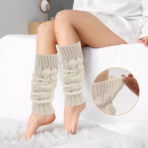 Mzario 4 Pairs Leg Warmers Y2k, Fashion Cute Cable Knit Leg Warmers for Women 80s Sports Party Yoga Accessories (Black, White, Coffee, Light Gray) thumbnail 4