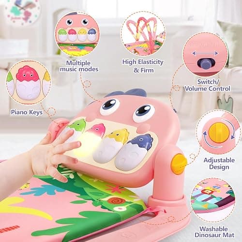 UMIKU Baby Play Mat Baby Tummy Time Mat Activity Center for Newborn Infant Piano Play Gym Mat Music & Light Babies Gifts Boy Girl for Babies 0-6 6-12 Months, Pink Dinosaur thumbnail 7