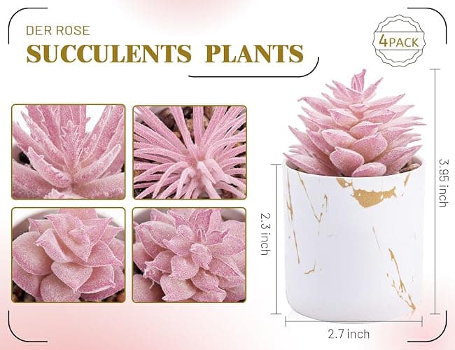 Der Rose 4 Packs Fake Succulents Plants Artificial Indoor for Pink Room Bathroom Decor Office Desk Accessories for Women thumbnail 3