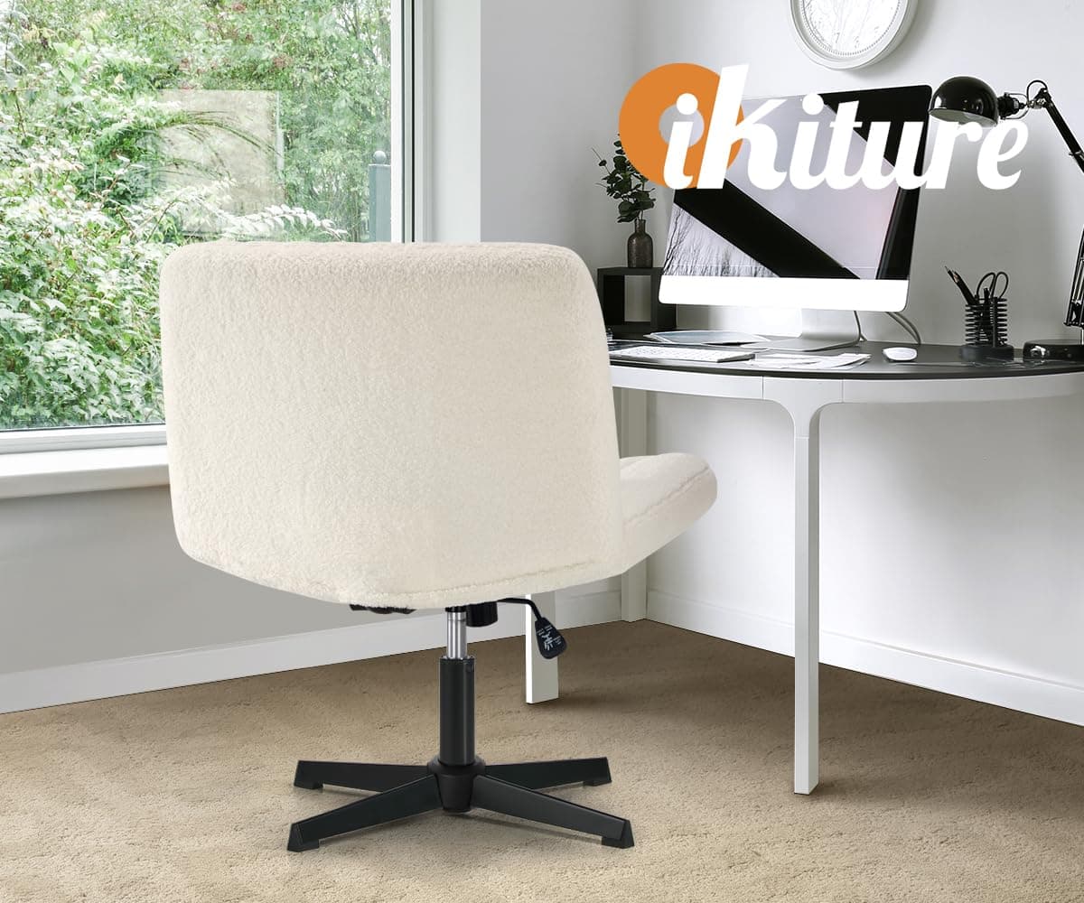 Oikiture Home Office Chair with Sherpa Fabric and Wider Seat White Cross Legged Office Chair thumbnail 8