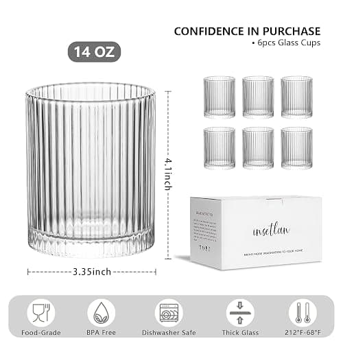 INSETLAN Ribbed Glass Tumblers Set of 6-14 oz Vintage Glassware, Clear Drinking Glasses for Wine, Juice, Cocktails, Water, Iced Coffee, Whiskey - Dishwasher Safe, Durable and Elegant thumbnail 3