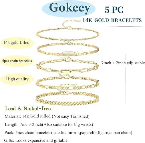 Gokeey Gold Bracelets for Women Non Tarnish Trendy,14K Gold Plated Dainty Stackable Paperclip Cuban Link Chain Bracelets, Simple Cute Cuff Bracelets Jewelry Set Adjustable 7"+2" thumbnail 4