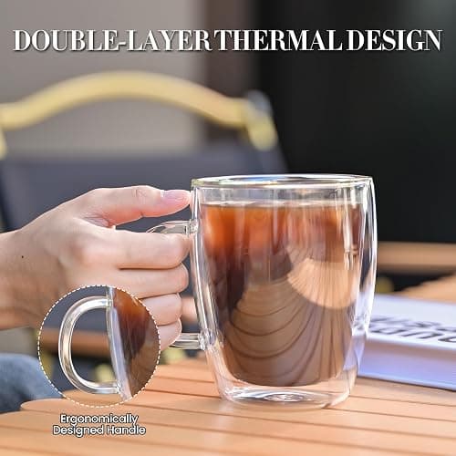 YUNCANG Double Wall Coffee Mugs, (4-Pcak) 16 Ounces-Clear Glass with Handle,lnsulated,Cappuccino,Tea,LatteCups,Beverage Glasses Heat Resistant thumbnail 4