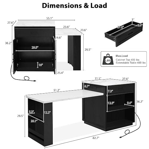 Merax 82.7" Kitchen Island with Extendable Dining Table for 4-6, Rolling Mobile Center Islands with Storage, Charging Station, 2 Drawers 2 Side Open Shelves, Black thumbnail 2