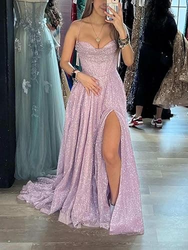 LANGKAAO Corset Prom Dresses Long for Women Sparkly Glitter A-Line Spaghetti Straps Formal Evening Dress with Slit thumbnail 6