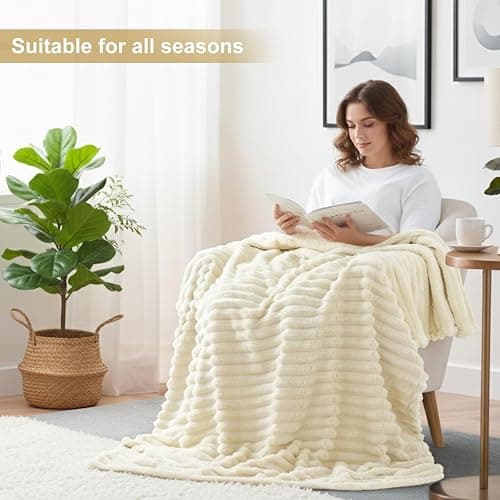 decorUhome Soft Fleece Beige Throw Blanket for Couch, Cozy Fluffy Plush Flannel Striped Blanket for Sofa Bed, Lightweight Decorative Ribbed Fuzzy Blanket for Woman, 50x60 Inches thumbnail 5