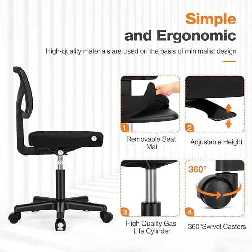 Sweetcrispy Small Office Desk Chair, Ergonomic Low-Back Mesh Rolling Work Swivel Chairs with Wheels, Armless Comfortable Seat Lumbar Support for Home, Bedroom, Study, Student, Adults,Classic Black thumbnail 5
