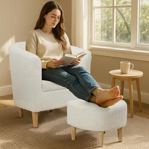 DAZONE Sherpa Accent Chair with Ottoman, White Fluffy Teddy Barrel Armchair for Cozy Living Room, Small Comfy Chairs for Bedroom, Reading Corner thumbnail 4