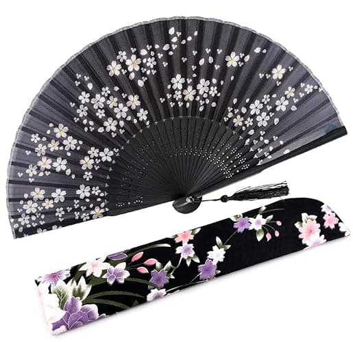 Amajiji 8.27"(21cm) Hand Held Bamboo Silk Folding Fan Hand Fan,Chinese/Japanese Charming Elegant Vintage Retro Style,Women Ladys Girls Best Gifts (Black Little Sakura) - Image 1