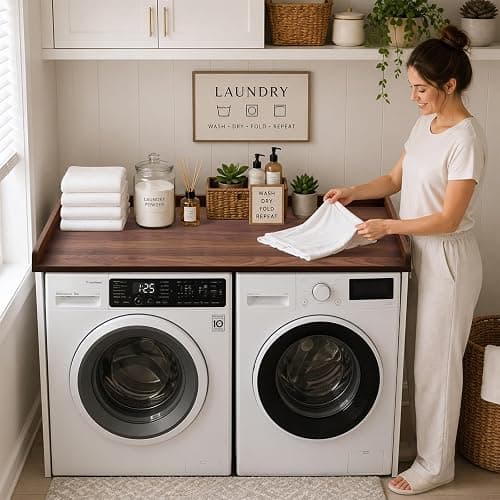 Kaboon Washer Dryer Countertop, Melamine Countertop with Edge Rails - 27.5" Depth x 54" Width Laundry Room Organization, Dark Walnut thumbnail 3