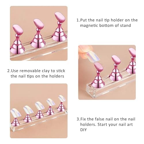 Blulu 2 Sets Nail Stand for Press on Acrylic Nails Display Practice Magnetic Fake Nail Holder for Painting Nails for False Fingernail Manicure Tool Home DIY Salon Supplies(Pink) thumbnail 4