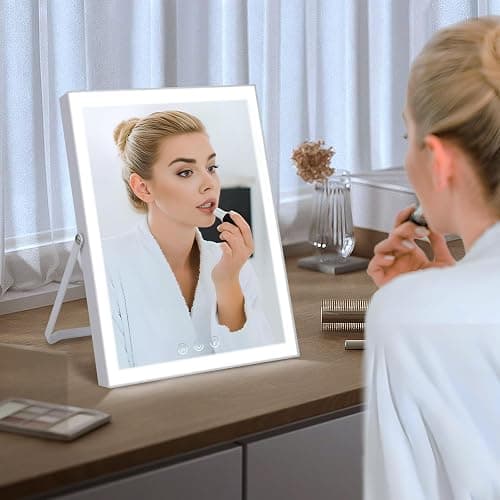 Vanity Mirror with Lights,10"x12" Lighted Makeup Mirror with 3 Color Modes, 360° Rotation Makeup Mirror with Lights, Dual Power Supply, Portable Desk Mirror, Smart Touch Control (White) thumbnail 7