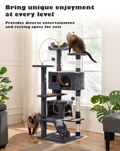 Yaheetech 54in Cat Tree, Multi-Level Cat Tower with Spacious Kitten-ear Perch, 2 Cozy Caves, Scratching Posts, Climbing Ladder, 2 Plush Balls, Durable Pet House Furniture for Indoor Kittens, Dark Gray thumbnail 7