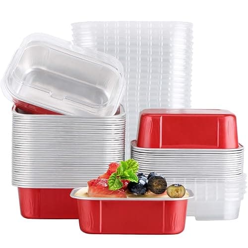 EUSOAR Cupcake Cups with Lids, 5.7oz 50pcs Disposable Desserts Flan, Baking Cups with Lids, Aluminum Foil Desserts Cupcake Flan, Catering Gathering Shower Favor-Red - Image 1