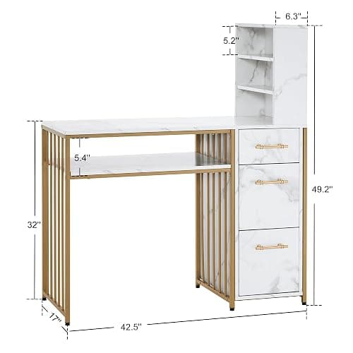 BarberPub Manicure Table with Drawers, Marbling Texture Nail Desk with Storage, Spa Beauty Salon Station, Modern Workstation with Open Shelves 2423 (White) thumbnail 3