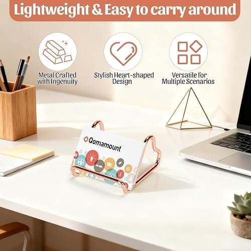 Qomamount Business Card Holder,Cute Heart-Shaped Metal Card Display Stand,Vertical Desktop Name Card Organizer,Small Phone Stand & Photo Holder for Office,Wedding,Reception,Exhibition(Rose gold) thumbnail 2