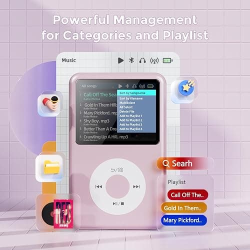 Mp3 Player with Bluetooth Y1 Portable Music Digital Players Supports Playlist Audiobook Video Nice Gadget for Kids Pink thumbnail 2