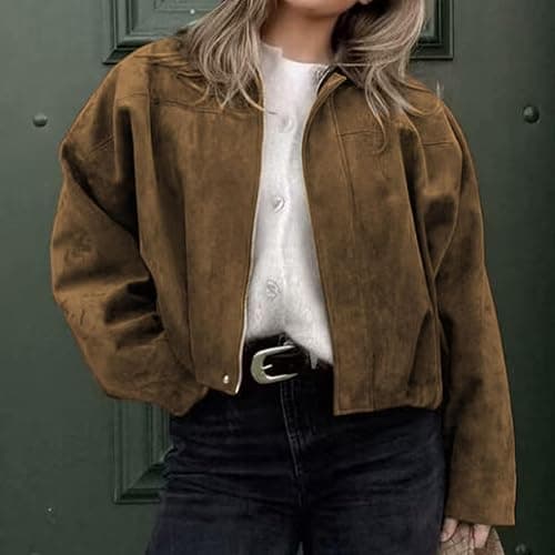 Xunger Women's Faux Suede Bomber Jacket Spring Lapel Pilot Coat Casual Oversized Long Sleeves Trendy Streetwear Outerwear thumbnail 2