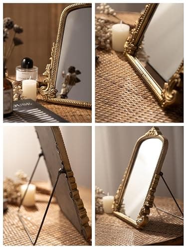 Small Vintage Vanity Makeup Desk Mirror, Antique Traditional Arch Table Mirror in Gold, Decorative Wood Carved Mirror for Living Room Bedroom Tabletop 11.8" x 9.6" thumbnail 10