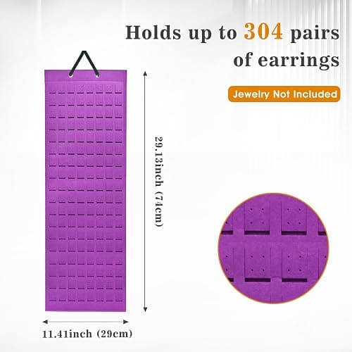 Lolalet Hanging Earring Holder Organizer with 20 Hooks for Women, Earring Organizer Wall Earrings Hanger Pierced Earring Storage, Felt Stud Earring Display, 608 Holes for Earrings - Purple, 1 Pack thumbnail 3