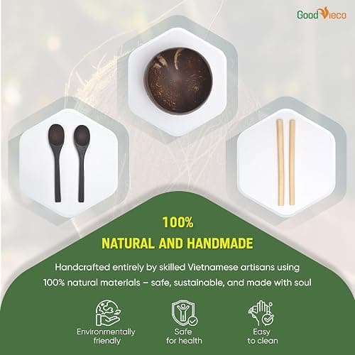 GoodVieco Coconut Bowl Set (2, Polished) – Natural Coconut Shell Bowls with Bamboo Straws & Wooden Spoons – Eco Friendly Gifts for Vegan, Smoothie, Acai, Buddha, Yogurt & Sustainable Meals thumbnail 4