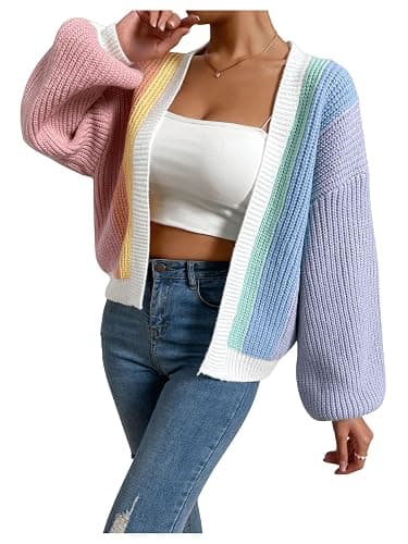 SHENHE Women's Color Block Open Front Long Sleeve Ribbed Knit Cropped Cardigan Sweaters - Image 1