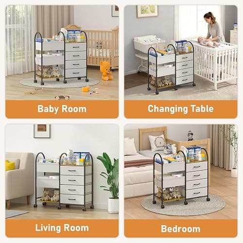 ONWAYHOME Baby Diaper Caddy Organizer Cart with Wheels, 4-Tier Rolling Diaper Cart with Dividers and Drawers, Multi-Layer Nursery Storage for Diapers & Baby Essentials thumbnail 7