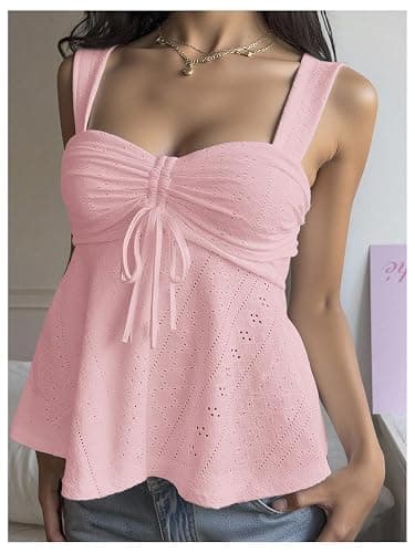 Milumia Women's Eyelet Tie Front Ruched Tank Tops Y2k Going Out Peplum Top | Babydoll, Sexy Slim Fit, Sleeveless, Flowy, Summer, Beach Vacation Outfits, Country Concert thumbnail 5