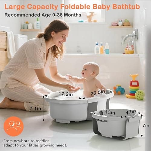 Collapsible Baby Bathtub - Large Baby Bath Tub with Thermometer & Cushion | Travel Portable Newborn Infant Bathtub | Foldable Toddler Bathtub for Baby 0 to 36 Months (Grey) thumbnail 2