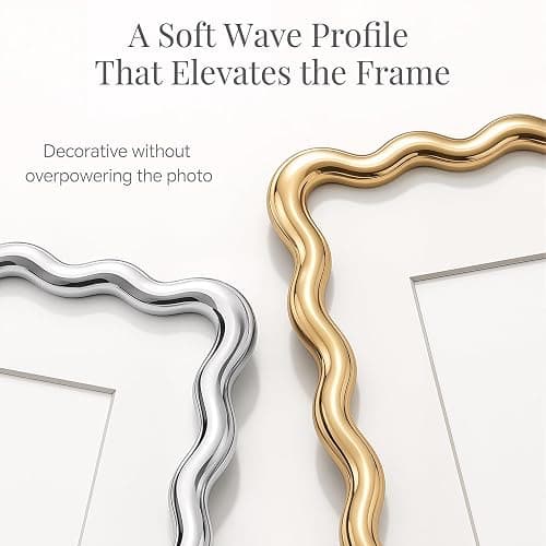 puthiac 4x6 Wavy Picture Frame, Zinc Alloy Gold Frame, Tempered Glass | Decorative wave profile with included 3x5 mat, ideal for wedding photos, anniversaries, portraits, and elegant home décor thumbnail 2
