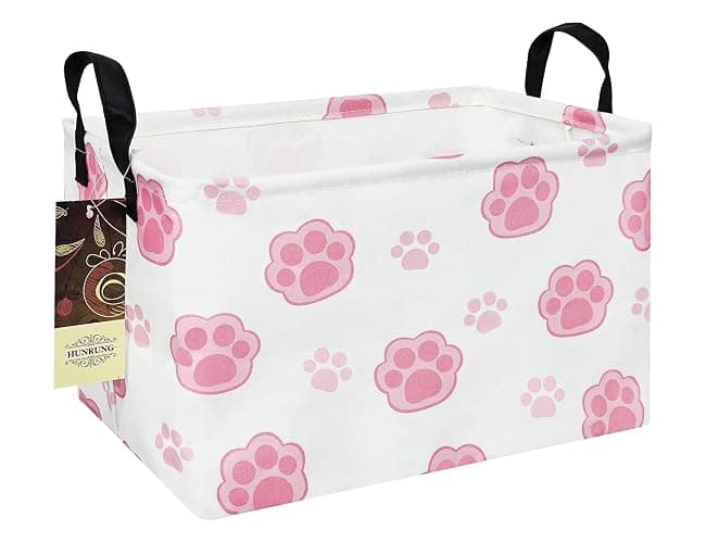 HUNRUNG Rectangle Canvas Storage Basket Foldable Waterproof Toy Organizer Bin with Handles Fabric Collapsible Storage Bins for Shelves Kids Room Playroom Nursery Clothes and Pet Supplies(REC-Pink Paw) - Image 1