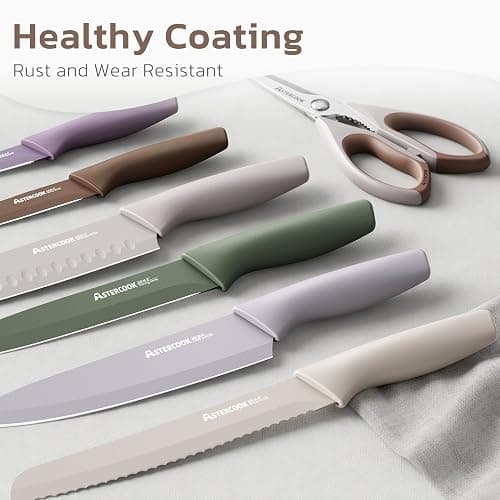 Astercook Knife Set, 13 Pieces Kitchen Knives Set with Healthy Anti-Rust Coating, Dishwasher Safe, Stainless Steel Chef Knife Sets with 6 Blade Guards, Perfect Holiday Gifts for Kitchen Morandi thumbnail 3