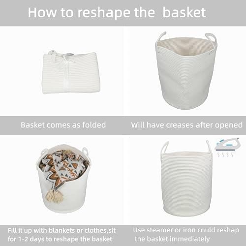 XUANGUO Cotton Rope Laundry Basket Hamper for Clothes Woven Storage Basket for Living Room Bedroom Boho Tall Rope Baskets for Blanket Toys Pillow Towels Baby Nursery Hamper Bin Large white thumbnail 7