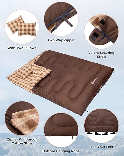 KingCamp Double Sleeping Bag for Adults, Queen Size 2 Person Sleeping Bag | XXL 100% Cotton Flannel Waterproof,Lightweight,Includes 2 Pillows Sleeping Bag,Perfect for Couples Family Camping Hiking thumbnail 4