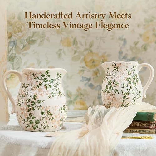 Ceramic Green and White Floral Vase with Handle, Rustic Farmhouse Pitcher Flower Vase, Chinoiserie Floral Vase for Home Decor, Living Room, Shelf, Office, Rustic Table Centerpiece 8 Inch thumbnail 6