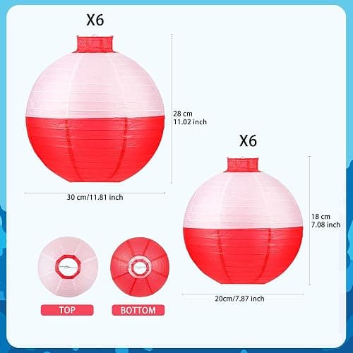 12 pcs Fishing Bobber Paper Lanterns Hanging Fish Shaped Ball Decorations Red and White Paper Lanterns for Fishing Themed Party Decorations Birthday Decor Supplies thumbnail 2