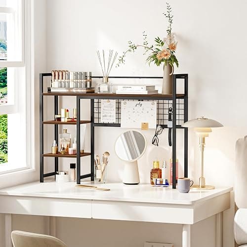 Snughome Desk Shelf, 38.6" Desktop Organizer Shelf, Desk Hutch for Computer Monitor, 4 Tier Desk Display Rack with Pegboard Hooks Set, Wood Desktop Bookshelf for Home Office Dorm thumbnail 5