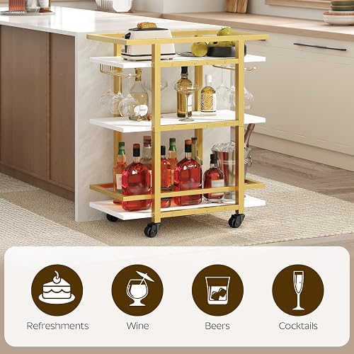 YATINEY 3 Tier Bar Cart, Home Bar Serving Cart with Wheels, Drink Cart with Glass Holder, Beverage Cart, Mobile Kitchen Cart, for Home, Garden, Party, Gold BC19DW thumbnail 3