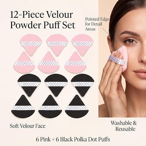 12 Pack Powder Puffs Triangle with Polka Dot Ribbon, Pink Black Velour | Soft Triangle Makeup Puff Face Setting Powder Sponge for Loose Powder Setting or Concealer Sponge thumbnail 5