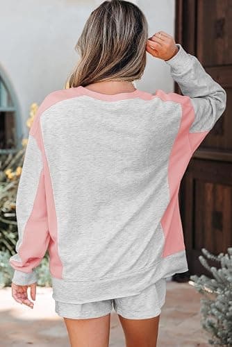 KevaMolly Womens Lounge Sets Light Color Block Raw Hem Pullover and Casual Shorts Set Two Piece Sets thumbnail 2