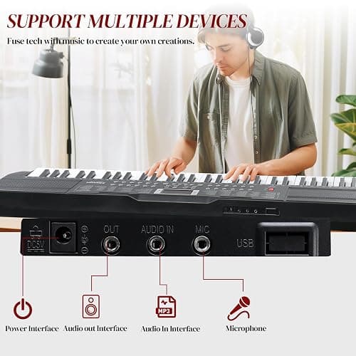 Ktaxon 61 Key Keyboard Piano Electric Keyboard with Lighted Keys | Electric Piano Set with Headphones, Microphone, Music Rest, Power Adapter, Stand, Piano Bench, Stickers & Manual(Full-Black) thumbnail 4