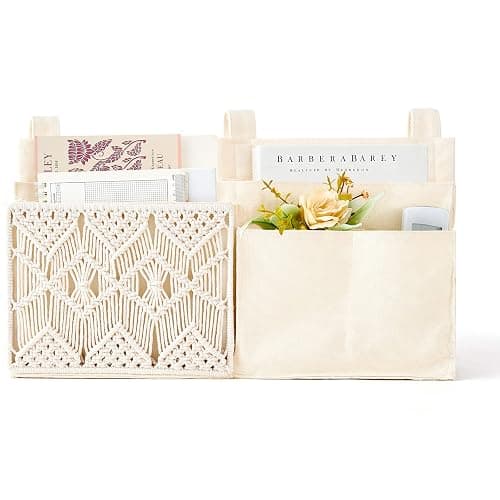 Mkono Bedside Caddy, Macrame Bunk Bed Hanging Organizer, 7 Pockets Ivory | Dorm Room Essentials, Boho Storage Bag, Remote Books Magazines Phone Snacks Drinks Holder, Bedroom Nursery Loft Baby Bed Rail thumbnail 7